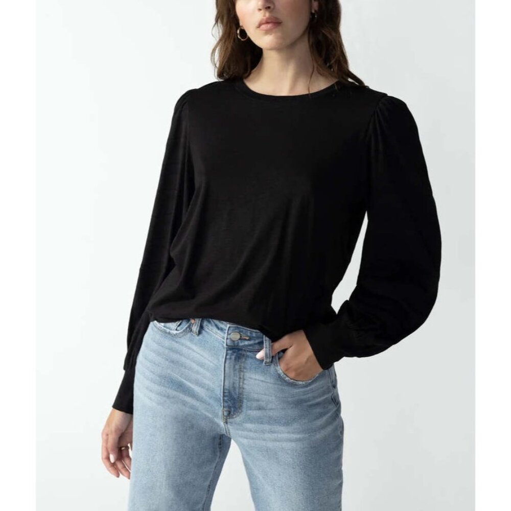 SANCTUARY Wonderland Mix Media Top Sz S Black Peasant Sleeve Cotton Rayon Blend